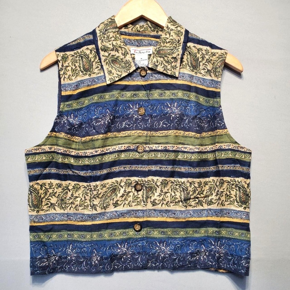 VTG Talbots Paisley‎ Vest Women M Blue Green Paisley Stripe 100% Rayon Boho 90s